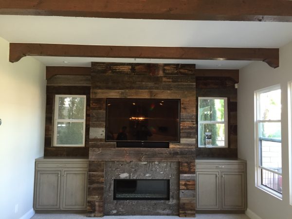 Custom Woodwall with TV and Grey Cabinets Remodel Hauser Houses