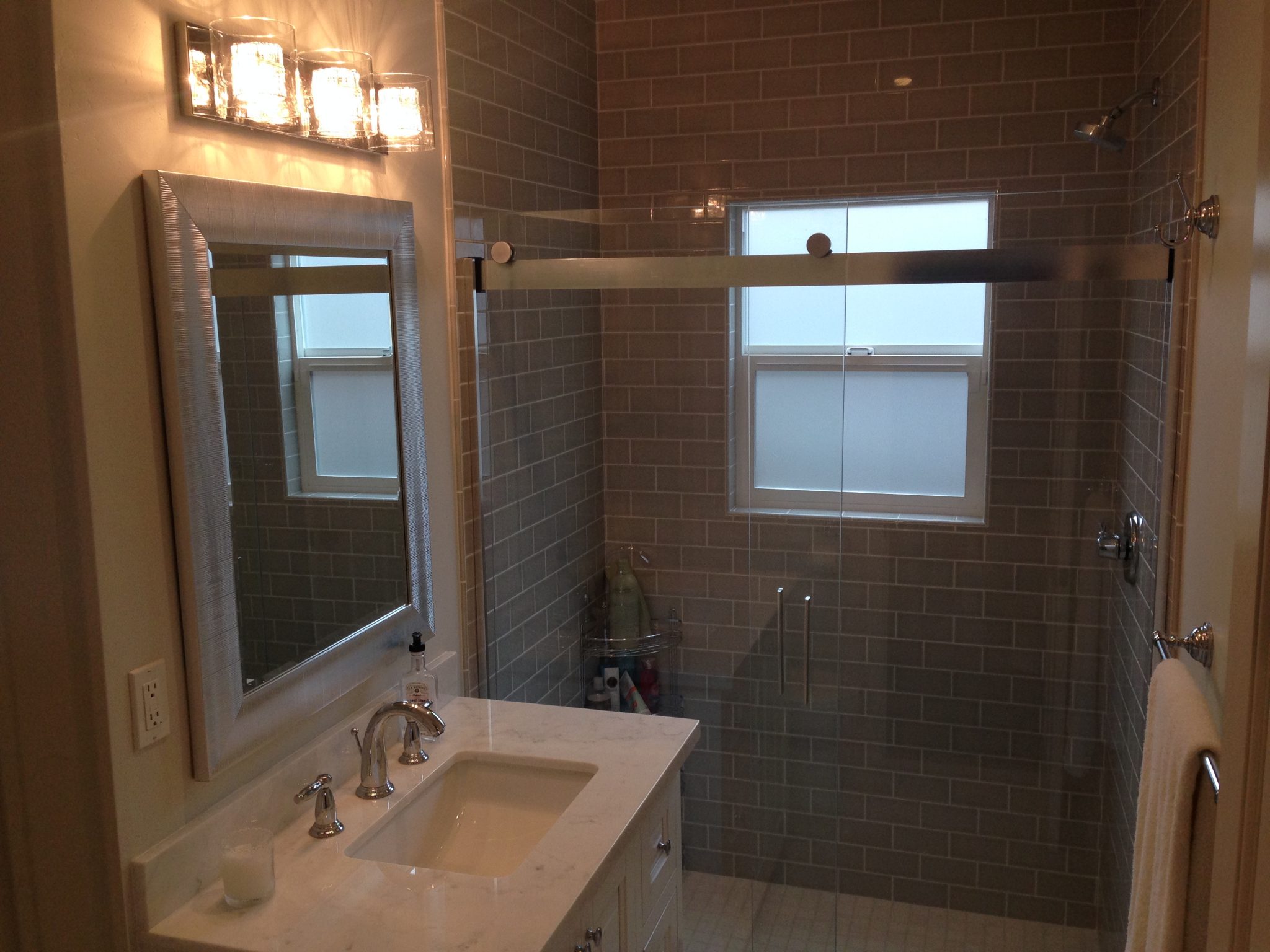 Grey Subway Tile Shower Marble Sink Bathroom Remodel Hauser Houses